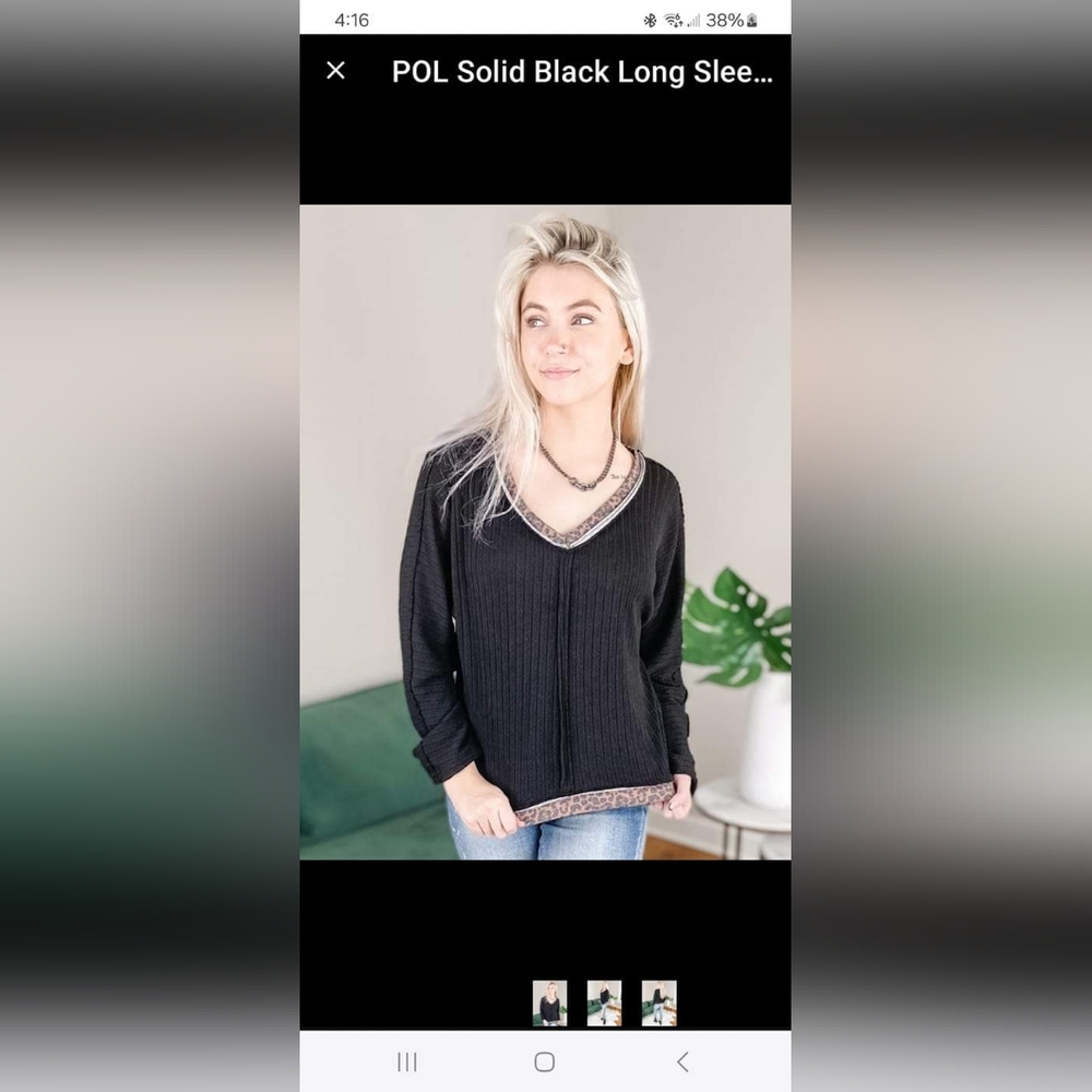 PoL v-neck long sleeve top with animal print trim.